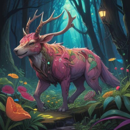A surreal scene depicting an animal carcass encountered in a mystical forest, surrounded by vibrant flowers and glimmering lights, a sense of luck emanating from the scene, enchanting atmosphere, intricate details in nature, symbolic lucky items like four-leaf clovers and horseshoes nearby, moody lighting, 4k