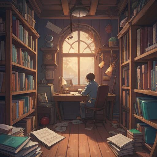 A conceptual illustration representing organization and clarity, various items like papers and books neatly arranged, a person thoughtfully summarizing information, bright and clear color palette, sense of completion and satisfaction, modern workspace, 4k