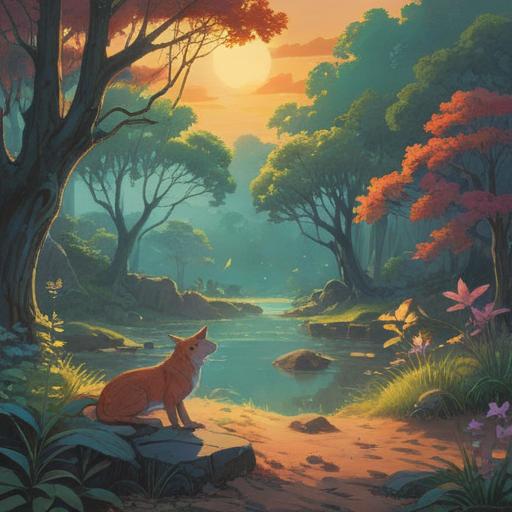 A serene landscape depicting a peaceful animal resting under a soft light, gentle ethereal glow, symbols of love and healing surrounding it, vibrant flowers symbolizing rebirth, a spirit guide in the background, harmonious atmosphere, tranquil feeling, 4k