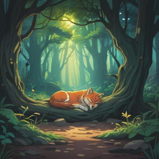 A serene and contemplative scene, an animal peacefully lying in a tranquil natural setting, soft light filtering through trees, a sense of calmness and acceptance, subtle spiritual symbols in the surroundings, butterflies symbolizing transformation, gentle colors, emotional atmosphere, profound connection with nature, 4k
