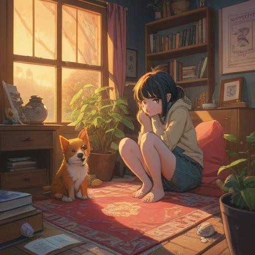 A touching depiction of a person experiencing the emotional aftermath of losing a beloved pet, surrounded by warm memories, soft golden light filtering through trees, a serene park setting, gentle expressions, symbolic elements like a glowing butterfly and fading paw prints, poignant atmosphere, 4k