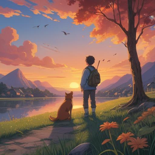 A poignant scene depicting a heartfelt farewell between a person and their beloved animal companion, the setting is a serene landscape at sunset, warm golden hues illuminating the sky, emotional expressions on both the person's and the animal's faces, symbolism of new beginnings, blossoming flowers in the foreground, soft breeze rustling through the grass, a path leading into the distance signifying the journey ahead, 4k
