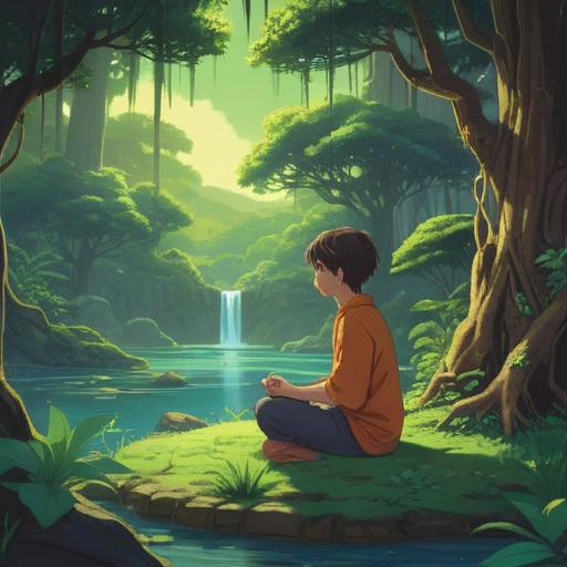 A serene nature scene, a person meditating in a peaceful setting, surrounded by lush greenery, animals observing from a distance, symbolic representations of spiritual growth, soft light illuminating the scene, harmonious atmosphere, 4k