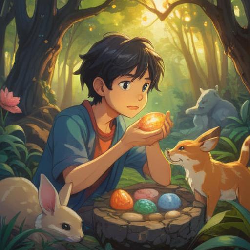 A serene scene depicting a person holding a lucky stone, surrounded by various animals approaching gently, soft sunlight filtering through trees, a sense of harmony between humans and nature, vibrant colors, emotional connection reflected in the characters' expressions, peaceful atmosphere, 4k