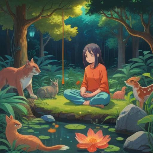 A serene scene depicting a person meditating in a peaceful garden surrounded by various animals, nurturing a deep connection, emotional bonding, gentle interactions, lush greenery, tranquil atmosphere, animals showing curiosity and affection, mindfulness practice, warm sunlight filtering through the trees, harmonious coexistence, vibrant colors, 4k