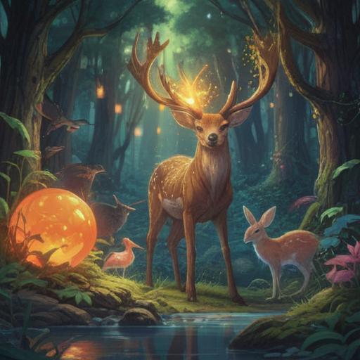 A tranquil scene depicting animals gathering around a glowing orb, symbolizing spiritual connection, various species such as deer, rabbits, and birds, serene forest setting, soft sunlight filtering through trees, harmonious atmosphere, ethereal aura, gentle expressions, nature's beauty, 4k