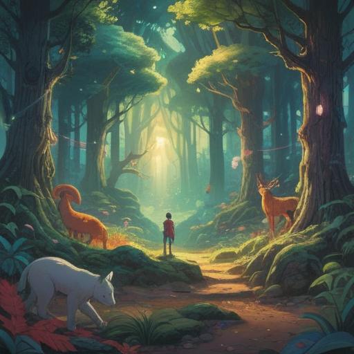A serene illustration of various animals gathering around a person in a peaceful forest setting, vibrant colors, ethereal light filtering through the trees, symbols of spirituality subtly integrated into the scene, expressions of curiosity in the animals, an aura of calm energy surrounding the person, harmonious interaction between nature and the individual, detailed foliage, 4k