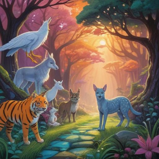A serene scene of animals crossing a path, ethereal light illuminating their figures, symbolic representation of unity and harmony, vibrant colors reflecting a spiritual connection, lush natural surroundings, calm atmosphere, each animal representing different spiritual meanings, intricate details in their movement, visually striking composition, 4k