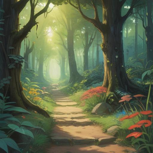 A serene forest scene, a gentle path bathed in soft sunlight, various animals crossing the path, symbolic representations of good omens, ethereal light filtering through leaves, tranquil atmosphere, vibrant colors, interconnectedness of nature, harmonious wildlife interactions, 4k