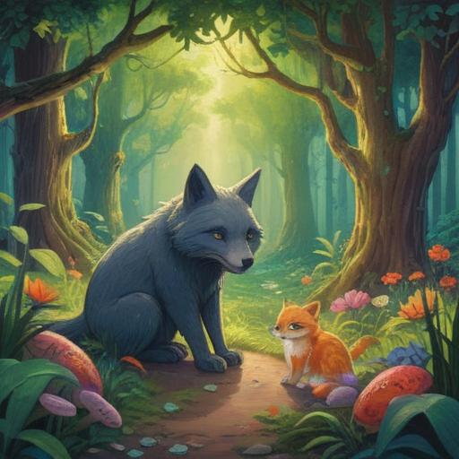 A charming illustration of a chance encounter with animals, featuring a lucky charm, vibrant colors, magical forest setting, playful animals like a rabbit and a fox, whimsical atmosphere, sparkles around the charm, detailed flora and fauna, heartwarming interaction, 4k