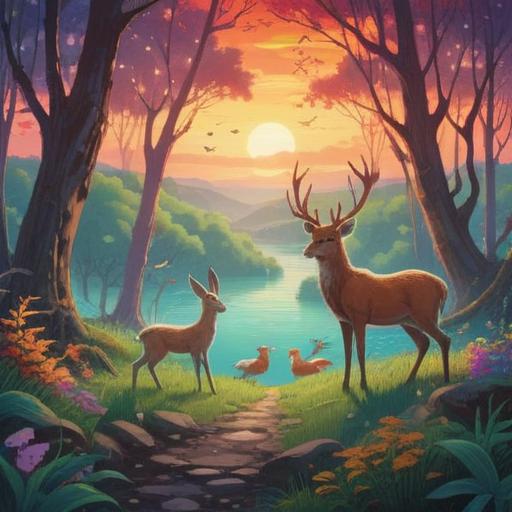 A serene and mystical scene, a person surrounded by various animals like deer, birds, and rabbits, gentle interaction with nature, soft glow emanating from the person, symbolic connection between humans and animals, harmonious environment, lush greenery and vibrant flowers, ethereal atmosphere, 4k