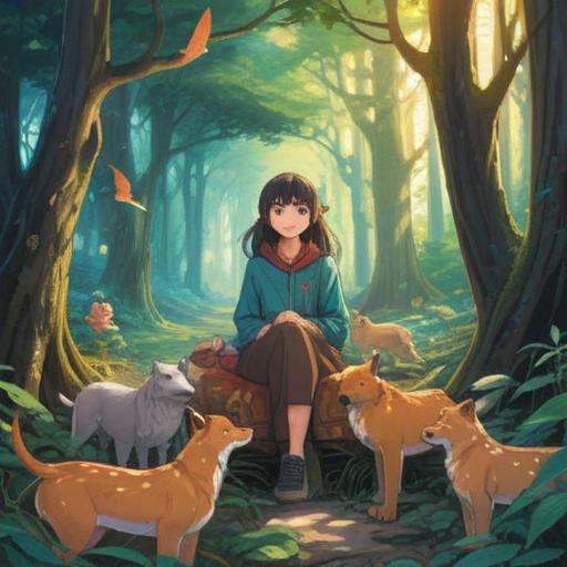 A serene and mystical scene depicting a person surrounded by various animals, gentle interactions showing trust and connection, soft light filtering through trees, symbolic gestures representing positive spirituality, vibrant colors, peaceful atmosphere, harmony with nature, 4k