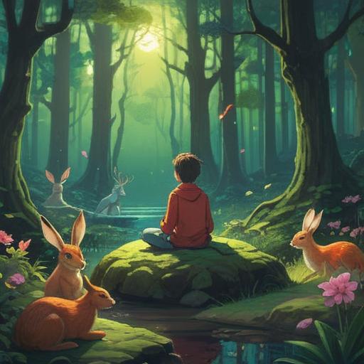 A serene scene depicting a person meditating in a forest, surrounded by various animals like deer, rabbits, and birds, glowing spiritual items like crystals and dreamcatchers floating gently around, a sense of harmony and connection between humans and nature, vibrant colors, magical atmosphere, nature's tranquility, interactive elements, 4k