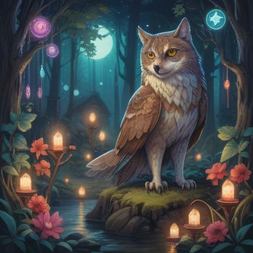 A serene nature scene, a majestic animal such as an owl or wolf, surrounded by mystical elements like ethereal lights and spiritual symbols, a tranquil forest setting, showcasing the bond between wildlife and spirituality, deep connection with nature, vibrant flora, peaceful atmosphere, harmonious coexistence, 4k
