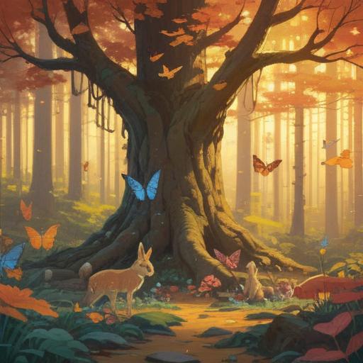 A serene depiction of various animals representing spiritual good signs, a peaceful forest setting, golden light filtering through the trees, animals like butterflies, turtles, and owls arranged harmoniously, each symbolizing wisdom and positivity, vibrant colors, enchanting atmosphere, intricate details of flora surrounding the animals, 4k