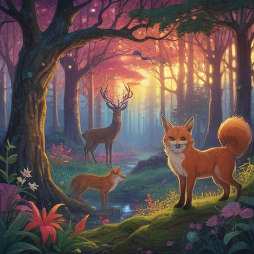 A mystical forest scene, various animals including an owl, fox, and deer, ethereal glow surrounding the creatures, animals displaying unique spiritual signs, vibrant foliage and soft rays of sunlight, serene atmosphere, subtle elements of spirituality, engaging in harmonious interaction, enchanting and otherworldly vibes