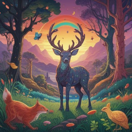 Animal spiritual lucky charms, vibrant colors, mystical atmosphere, illustrations of various animals representing luck, intricate patterns and symbolism, serene nature background, whimsical and enchanting elements, harmonious composition, 4k