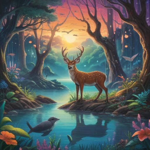 A serene and harmonious scene, depicting various animals representing spiritual energy, animals such as deer, owls, and dolphins, interconnected in a vibrant natural setting, blending elements of nature and spirituality, a tranquil atmosphere, flowing energy lines, and soft light illuminating the scene, evoking a sense of peace and unity, 4k