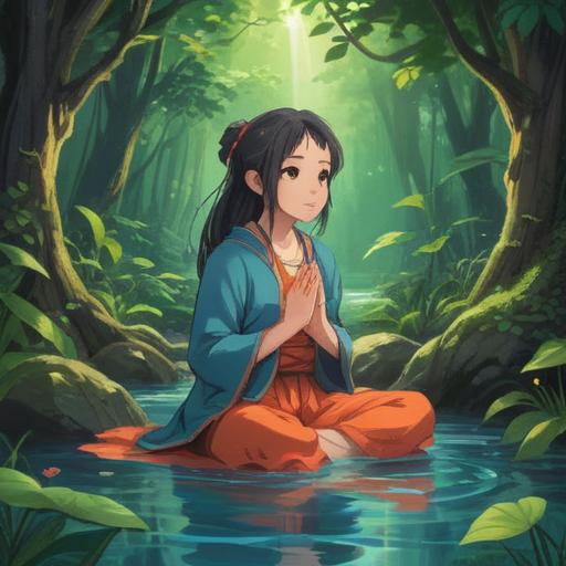 A serene and composed figure meditating in a tranquil natural setting, surrounded by gentle flowing water and lush greenery, embodying inner peace and spirituality, bright light radiating from the figure, harmonious colors, calm atmosphere, deep connection with nature, symbolic elements representing stability and wisdom, 4k
