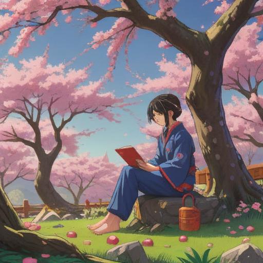 A serene illustration depicting a person sitting calmly under a cherry blossom tree, surrounded by various lucky items such as a four-leaf clover, a rabbit's foot, and an ancient coin, soft sunlight filtering through the petals, tranquil atmosphere, thoughtful expression, harmonious colors, 4k