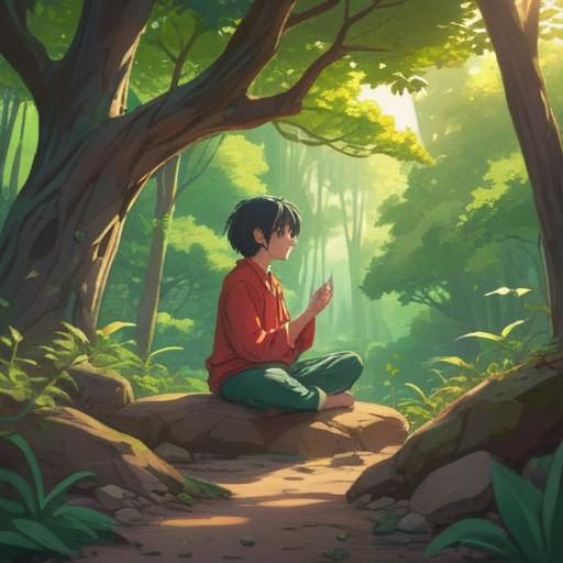 A serene scene depicting a person sitting in meditation, surrounded by nature, soft sunlight filtering through the trees, a sense of calm and reflection, symbolic elements representing inner peace and spiritual growth, vibrant flowers blooming around, a winding path leading to a distant horizon, enchanting atmosphere, 4k