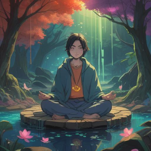 A serene and introspective scene, a person sitting in meditation surrounded by ethereal light, gentle symbols of spiritual insight floating in the air, a feeling of stillness and reflection, nature elements like trees and flowing water in the background, a sense of calm and connectivity to the universe, soft colors, peaceful atmosphere, 4k