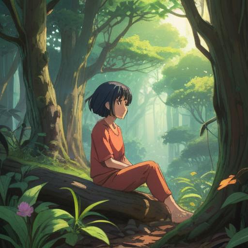 A serene and introspective scene depicting a person sitting peacefully in a tranquil environment, surrounded by nature, soft sunlight filtering through the trees, a gentle breeze rustling leaves, deep in meditation or reflection, symbols of spirituality subtly integrated into the background, a sense of calm and contentment, vibrant colors, a hint of ethereal light, 4k