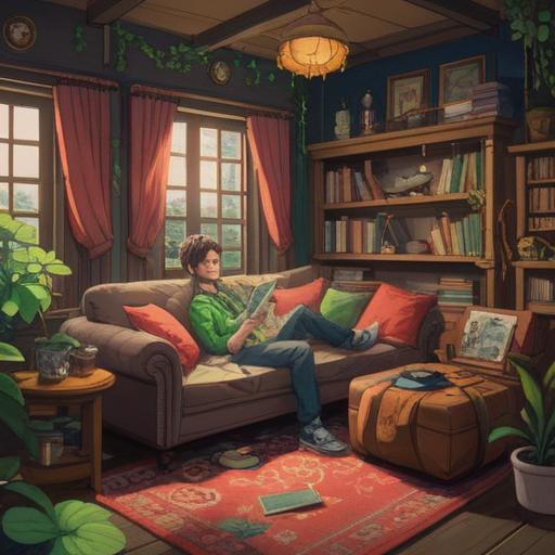 A cozy indoor scene, a person lounging on a couch, surrounded by various lucky items like a four-leaf clover, a horseshoe, and a lucky cat, soft afternoon light streaming through the window, warm and inviting atmosphere, reflecting the struggle of overcoming lethargy, emphasizing comfort and hope, 4k
