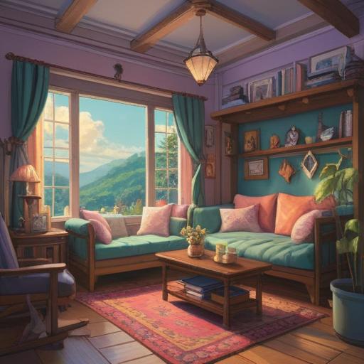 A serene digital artwork, calming pastel colors, gentle textures, depicting a tranquil environment, a cozy room with soft lighting, comfortable furniture, a person relaxing with a book, surrounded by plants, warm and inviting atmosphere, soothing elements, 4k