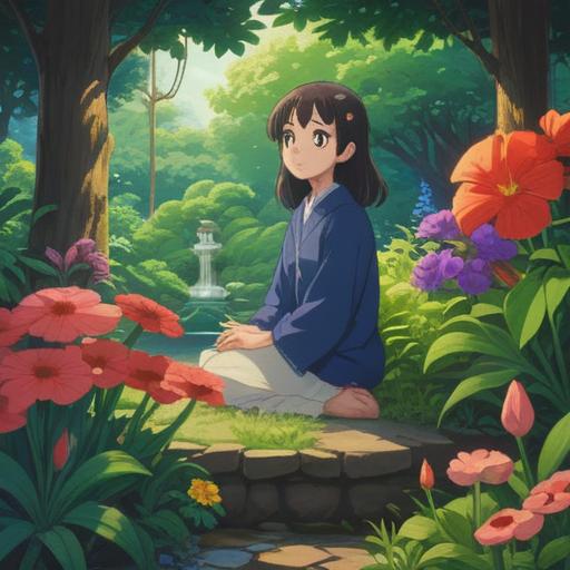 A serene and contemplative scene, a person sitting peacefully in a lush, serene garden, surrounded by vibrant flowers and greenery, embodying a sense of stillness and introspection, soft light filtering through the leaves, a gentle breeze rustling, ethereal aura around the individual, representing the spiritual aspect of rest and inner peace, deep connection to nature, 4k