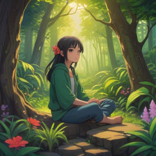 A serene and calming scene, depicting a person sitting peacefully in a meditative pose, surrounded by nature, vibrant green trees and flowers, soft sunlight filtering through leaves, a gentle breeze rustling, representing inner peace and self-reflection, a sense of spiritual connection, harmonious energy flow, tranquil atmosphere, inviting sense of stillness, 4k