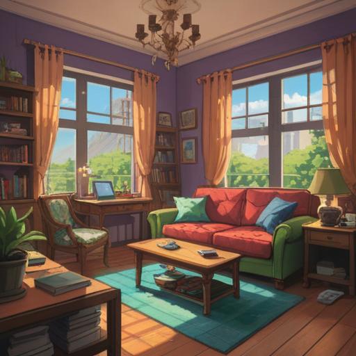 A whimsical illustration of a cozy room filled with charming lucky items, soft sunlight streaming through the window, a plush sofa with colorful cushions, a small table adorned with a lucky charm, vibrant plants adding life, a sense of comfort and positivity, inviting atmosphere, exploring emotions of contentment and motivation, 4k