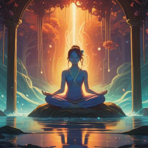 A serene and spiritual scene depicting a person sitting in meditation, surrounded by ethereal light, gentle energy waves, symbolic representations of growth and understanding, a tranquil environment with soft colors and soothing nature elements, conveying a sense of peace and inner guidance, 4k