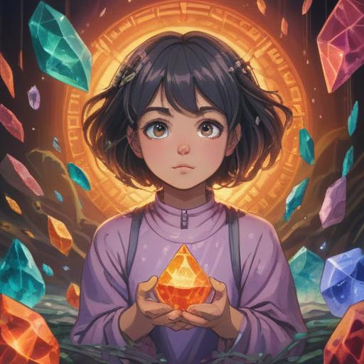 A serene digital artwork, depicting a person surrounded by various healing crystals, vibrant colors, ethereal light emanating from the crystals, a sense of tranquility, soft focus, harmonious environment, a feeling of stillness, subtle energy radiating, immersive atmosphere, 4k