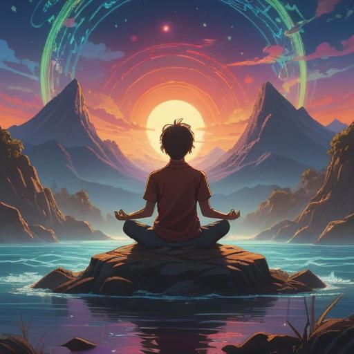 A serene and mystical landscape, ethereal light, a silhouette of a person meditating, surrounded by vibrant energy waves, symbols of spiritual awakening, soft colors blending in the sky, gentle flowing water reflecting serenity, nature elements like trees and flowers, tranquil atmosphere, conveying awareness and intuition, 4k