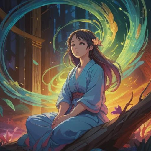 A mystical and serene scene, depicting a woman in a meditative pose, surrounded by ethereal light, vibrant energy swirling around her head, symbols of healing and enlightenment in the background, a gentle flow of colors representing the connection between mind and body, tranquil yet powerful atmosphere, 4k