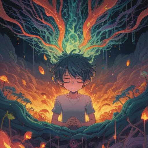 A surreal illustration depicting a person experiencing headaches and nausea, surrounded by ethereal light and calming colors, symbolic representations of spiritual awakening, soft glows and abstract forms, elements of nature like feathers and light orbs, a peaceful expression reflecting understanding and growth, 4k