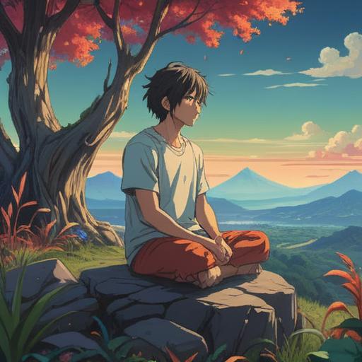 A serene landscape illustrating the connection between physical discomfort and spiritual awareness, a person sitting in meditation with a pained expression, surrounded by ethereal light and symbols, soft color palette, mystical atmosphere, nature elements like trees and flowers subtly reflecting balance, highlighting introspection and healing, 4k