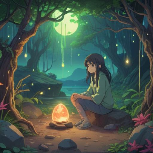 A serene illustration depicting a soothing scene with a lucky stone, calming colors, a gentle aura, head pain relief, nausea alleviation symbols, nature setting, soft light filtering through trees, tranquil atmosphere, 4k