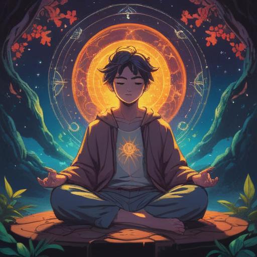 A serene and calming illustration of a person meditating with a gentle headache symbol represented as a glowing aura, surrounded by soft light and nature, emphasizing connection to the spiritual world, ethereal elements like floating orbs, calming color palette, peaceful expression, harmonious atmosphere, 4k
