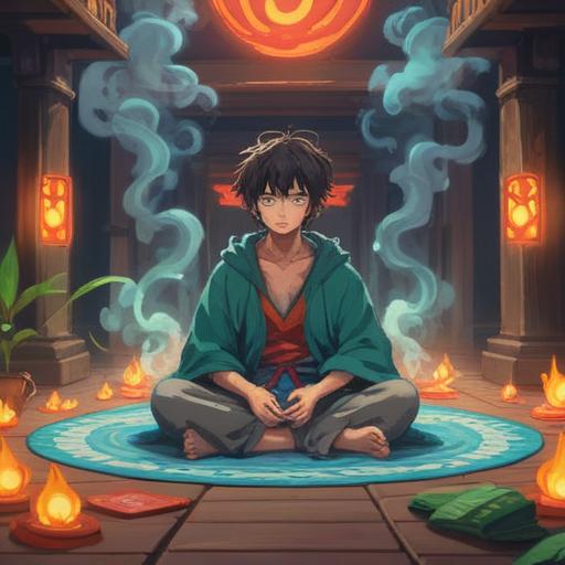 A calming and serene scene, a person sitting cross-legged on a soft mat, surrounded by gentle, swirling aromatherapy smoke, essential oil bottle in hand, light filtering through the window, tranquil indoor setting, soft pillows and plants, soothing colors, peaceful expression on the face, a hint of discomfort in the background, illustrating the contrast between pain and relief, 4k