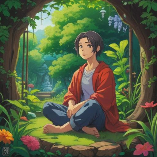 A serene scene depicting a person sitting cross-legged in a tranquil garden, surrounded by lush greenery and blooming flowers, meditative posture, gentle sunlight filtering through the trees, soft breeze rustling the leaves, a calming stream flowing nearby, expression of peace and relief on the person's face, warm and inviting atmosphere, focus on mindfulness and emotional healing, 4k