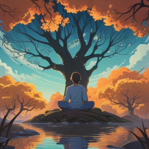 A serene and mystical landscape, a person meditating under a glowing tree, gentle waves of energy surrounding them, soft golden light illuminating the scene, symbols of headache and drowsiness subtly integrated into the design, ethereal colors and soothing atmosphere, a sense of spiritual awakening and reflection, 4k