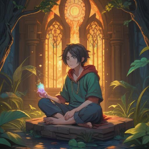 A serene illustration depicting a person sitting cross-legged in a tranquil environment, surrounded by soft, glowing auras and gentle light, expressing a sense of peace and introspection, symbols of spiritual awakening subtly integrated, nature elements like trees and flowers enhancing the calming atmosphere, the subtle contrast between the individual's relaxed expression and hints of headaches and sleepiness, 4k