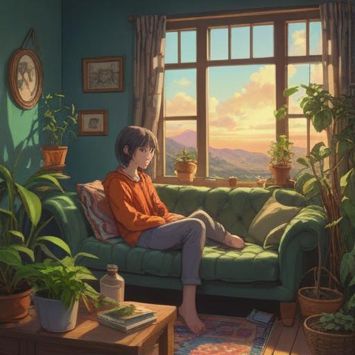 A serene illustration depicting a person sitting peacefully on a cozy couch, gentle sunlight filtering through the window, surrounded by calming objects like herbal tea and soft pillows, showing relief from headache and drowsiness, with a lucky charm hanging nearby, a soothing atmosphere, warm colors, 4k
