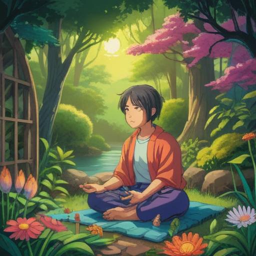 A serene illustration depicting mindfulness practices for alleviating headaches and fatigue, a tranquil setting with a person meditating in a peaceful garden, soft sunlight filtering through trees, soothing colors, calming flowers around, gentle breeze, a cup of herbal tea nearby, peaceful expression, emphasis on relaxation and self-care, 4k