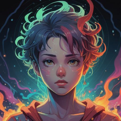 A surreal illustration depicting a figure holding their forehead in contemplation, ethereal light surrounding them, vibrant colors representing energy flow, symbolic elements like clouds and stars, conveying the spiritual significance of frontal headache, meditative pose, dreamlike atmosphere, 4k