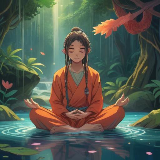 A serene and mystical illustration depicting a person meditating peacefully, surrounded by soothing natural elements like gentle flowing water and soft light, vibrant crystals and lucky charms scattered around, ethereal atmosphere, spiritual symbols in the air, harmonious colors, emphasizing relaxation and healing, detailed background, calm expression, 4k