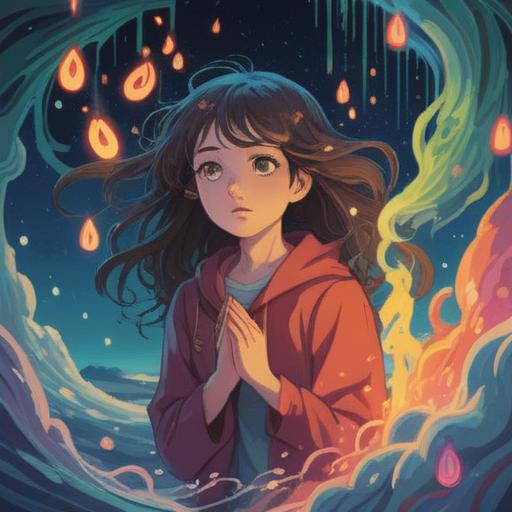 A mystical illustration depicting a person experiencing a headache, surrounded by ethereal light, symbols representing spiritual guidance, a serene environment, gentle waves of energy flowing around, a calm expression reflecting insight, nature elements like trees and a soft breeze, hints of cosmic patterns in the background, warm and cool color contrasts, 4k