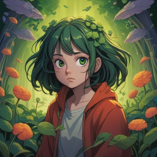 A surreal scene depicting a person experiencing the early signs of a migraine, surrounded by symbols of luck such as four-leaf clovers and horseshoes, the individual's expression a mix of discomfort and hope, vibrant colors representing the contrast between pain and positivity, mystical aura, dreamlike environment, floating objects signifying distraction and calmness, soft focus, 4k